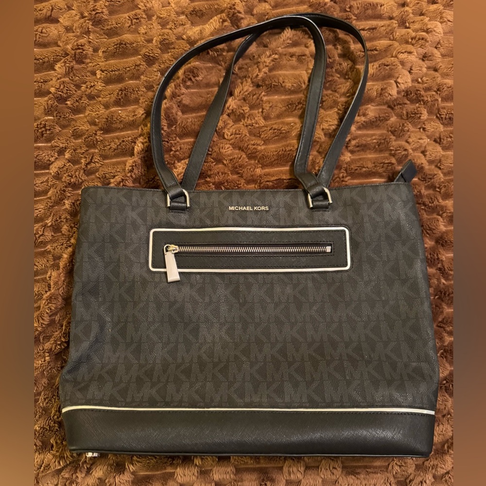 Michael Kors Large Black Leather Double Handle Tote Bag.